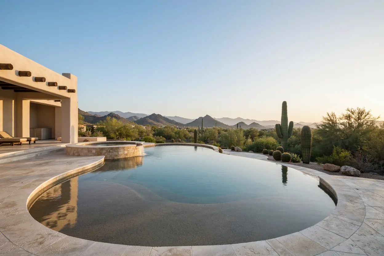 Freeform gunite pool with a raised spa in a desert-modern Arizona backyard at golden hour