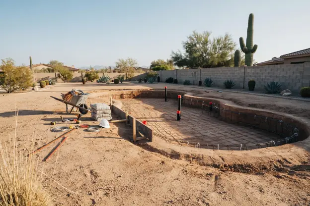 New gunite pool under construction: rebar grid and plumbing stubs in the excavated shell
