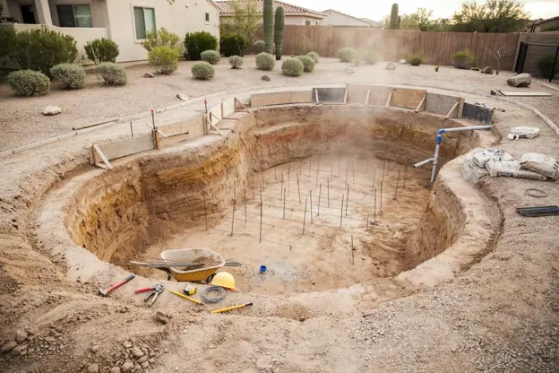 New gunite pool under construction: rebar grid and plumbing stubs in the excavated shell
