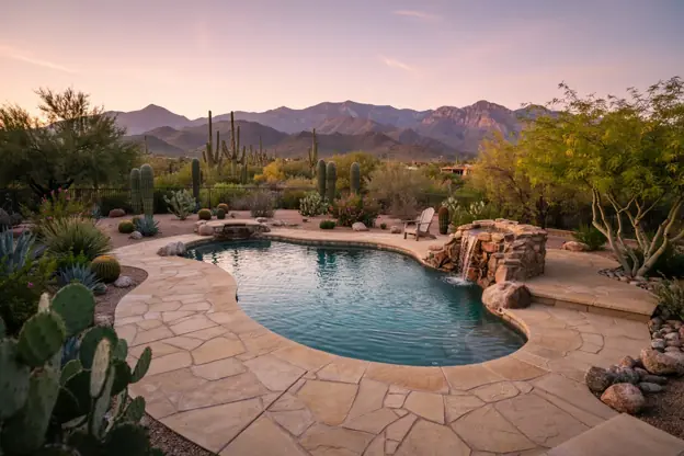 Desert backyard pool in Tucson with saguaro and palo verde, Santa Catalina Mountains at sunset