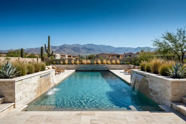 New pool with raised planters and sheer-descent water features in a West Valley backyard