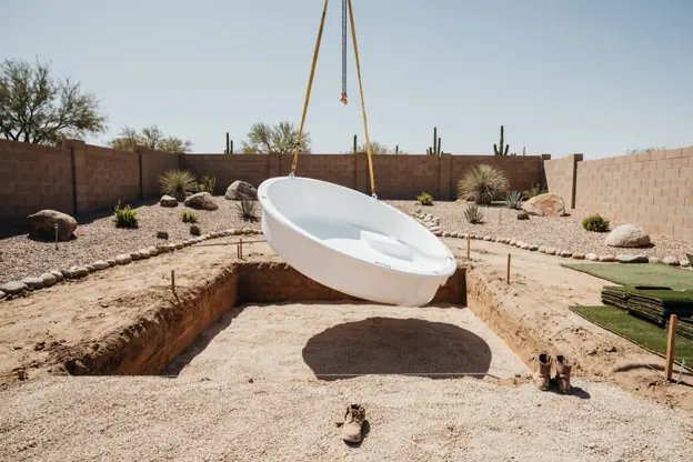 Fiberglass pool shell being craned into an excavated Arizona backyard