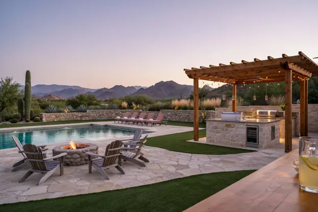 Arizona backyard with pool, outdoor kitchen, fire pit and pergola