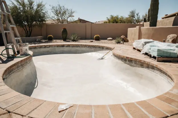 Drained pool mid-remodel with fresh plaster being applied and new waterline tile stacked on the deck