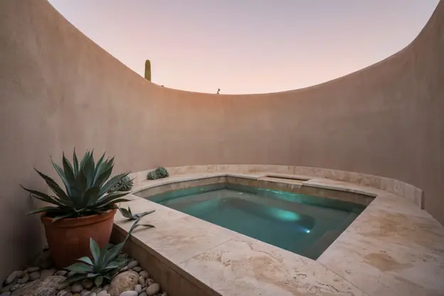 Small spool with a raised spillway and travertine coping lit at dusk